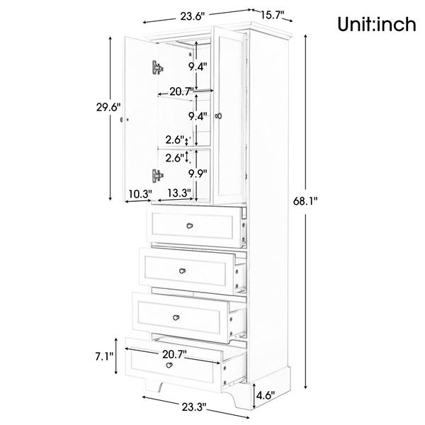 Storage Cabinet with 2 Doors and 4 Drawers for Bathroom, Office, Adjustable Shelf, MDF Board with Painted Finish, Black