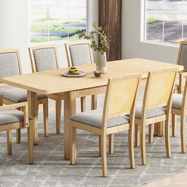 Rustic Extendable 84inch Dining Table Set with 24inch Removable Leaf , 6 Upholstered Armless Dining Chairs and 2 Padded Arm Chairs, 9 Pieces, Natural