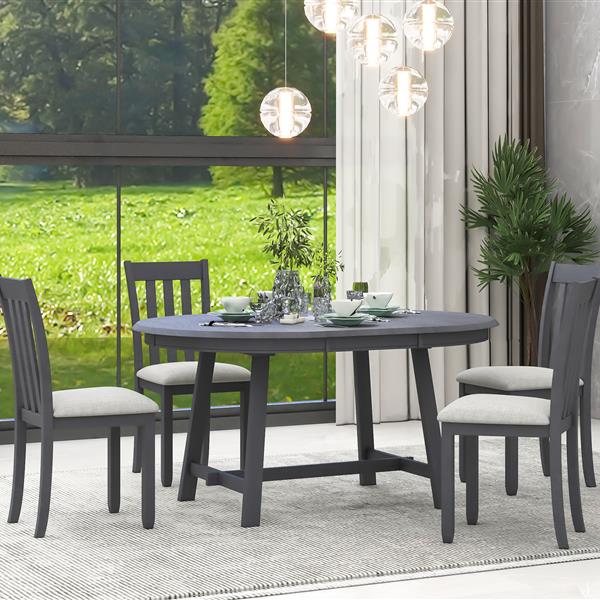 5-Piece Wood Dining Table Set Round Extendable Dining Table with 4 Dining Chairs, Dining Room Table Set for 4 person for Dining Room (Gray)