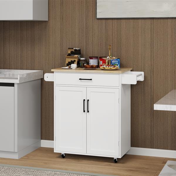 Kitchen island rolling trolley cart with 1 drawer & 2 doors with storage racks & Adjustable Shelves & towel rack & seasoning rack rubber wood table top-White