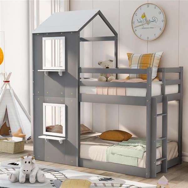 Twin Over Twin Bunk Bed Wood Bed with Roof, Window, Guardrail, Ladder (White)