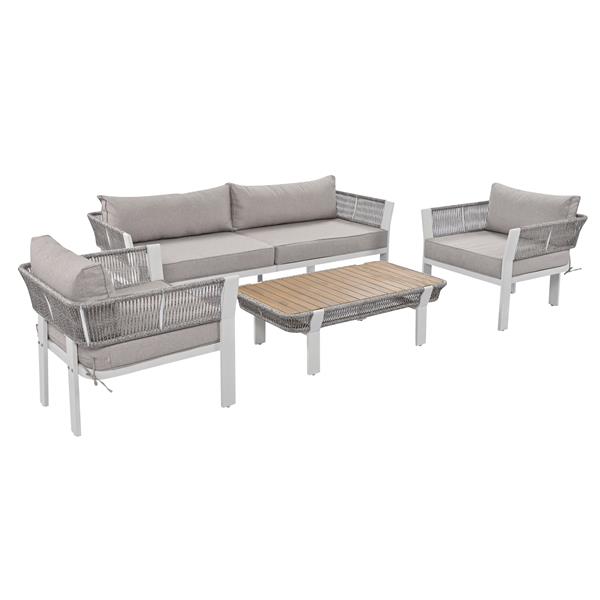 4-Piece Outdoor Patio Conversation Set with Coffee Table and Soft Waterproof Cushions for Garden, Poolside and Backyard(Brown Rope+Brown Gray Cushion)