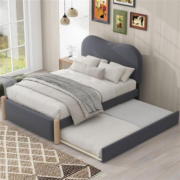 Twin Size Upholstered Platform Bed with Wood Supporting Feet and Twin Size Trundle, Gray