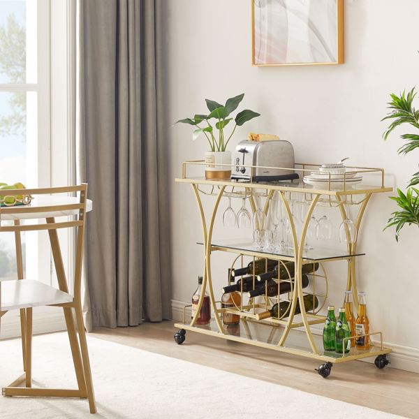 Electroplated Glass Bar Cart, With Wine Rack And Glass Holder, For Kitchen, Serving, Hotel  Gold