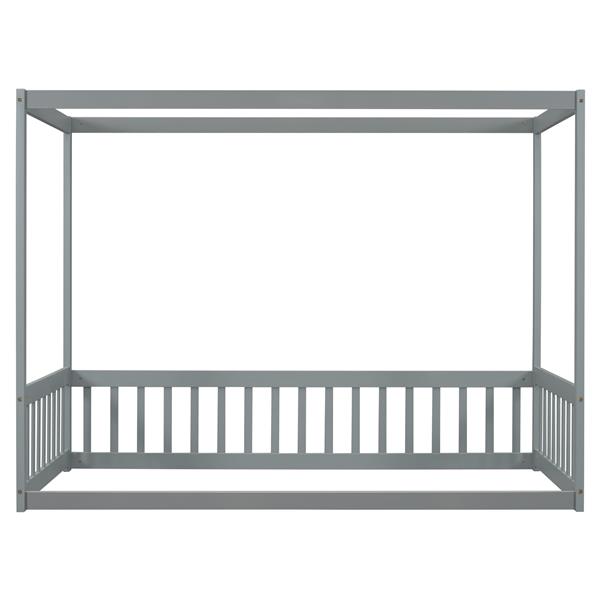 Twin Size Canopy Frame Floor Bed with Fence, Guardrails,Grey