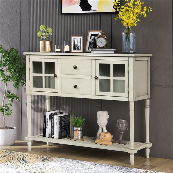 Sideboard Console Table with Bottom Shelf, Farmhouse Wood/Glass Buffet Storage Cabinet Living Room (Antique Grey)