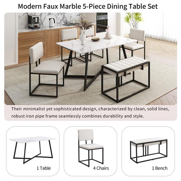 Modern Faux Marble 6-Piece Dining Table Set,60inch Metal Kitchen Table Set with Upholstered Dining Chairs and Bench, Black