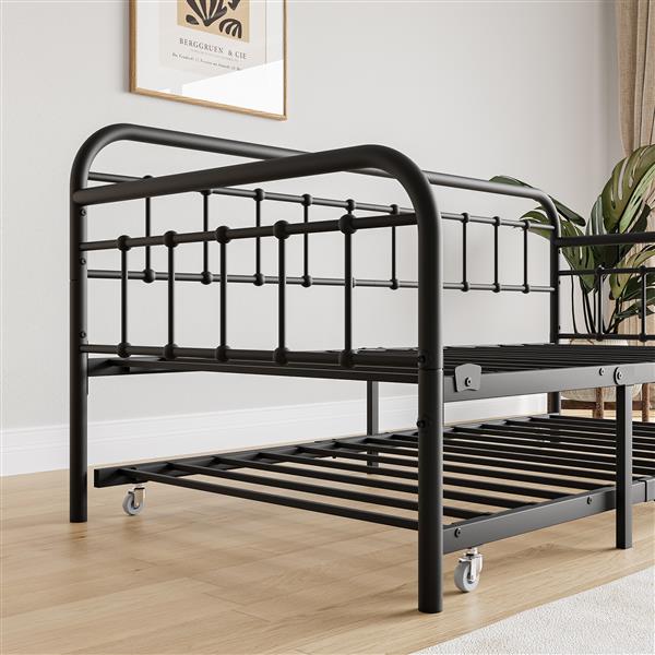 Twin Size Metal Daybed Frame with Trundle, Heavy Duty Steel Slat Support Sofa Bed Platform with Headboard, No Box Spring Needed, Black