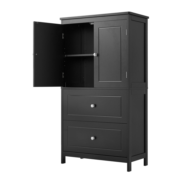 Bathroom Storage Cabinet, Cabinet with Two Doors and Drawers, Adjustable Shelf, MDF Board, Black 