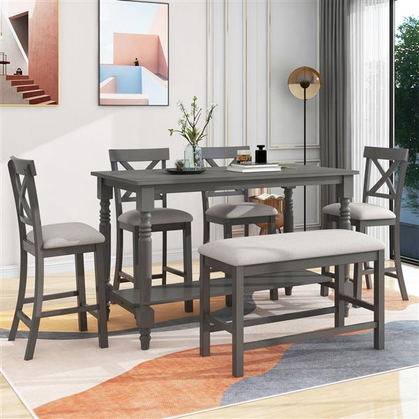 6-Piece Counter Height Dining Table Set Table with Shelf 4 Chairs and Bench for Dining Room (Gray)