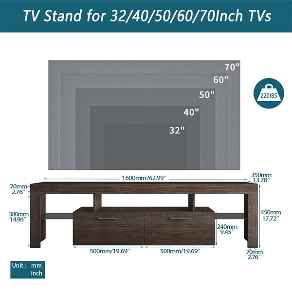 20 minutes quick assembly brown simple modern TV stand with the toughened glass shelf Floor cabinet Floor TV wall cabinet Brown + whiteTV bracket with LED Color Changing Lights for Living Room