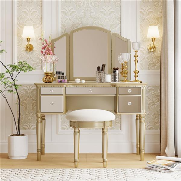 43" Dressing Table Set with Mirrored Drawers and Stool, Tri-fold Mirror, Makeup Vanity Set for Bedroom, Gold