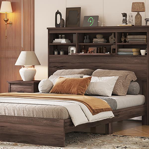 Queen Size Wooden Platform Bed with Storage Headboard,American Country Style Bed with USB Charging Ports,Dark Walnut