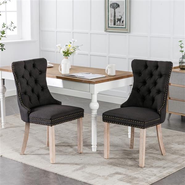 Modern, High-end Tufted Solid Wood Contemporary Flax Upholstered Linen Dining Chair with Wood Legs Nailhead Trim 2-Pcs Set,Black Linen, SW6801BK