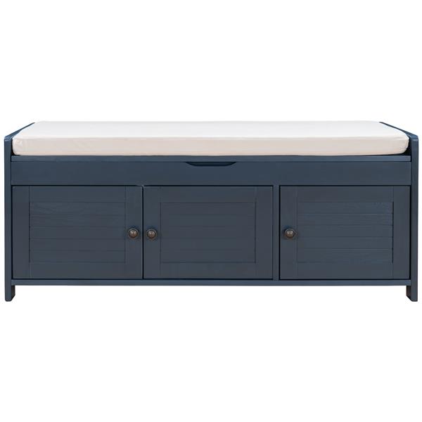 Storage Bench with 3 Shutter-shaped Doors, Shoe Bench with Removable Cushion and Hidden Storage Space (Antique Navy)