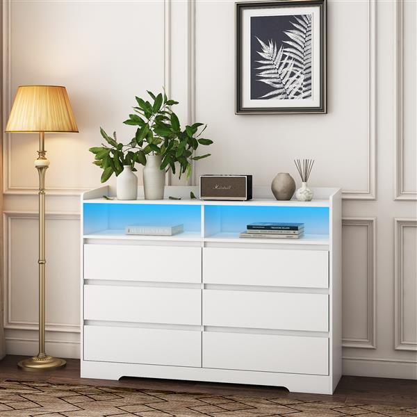 6 Drawer Dresser, White Dresser for Bedroom with LED Lights, Modern Dressers & Chests of Drawers with Sturdy Frame for Living Room, Entryway, Hallway