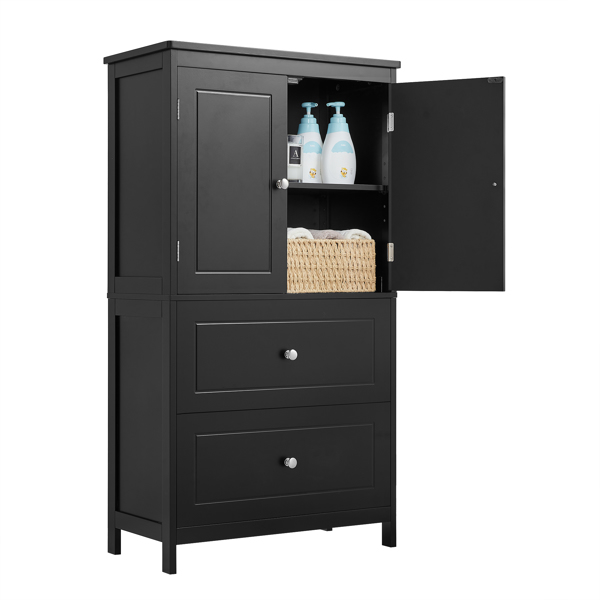 Bathroom Storage Cabinet, Cabinet with Two Doors and Drawers, Adjustable Shelf, MDF Board, Black 