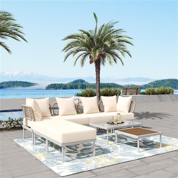 8-Piece Patio Sectional Sofa Set with Tempered Glass Coffee Table and Wooden Coffee Table for Outdoor Oasis, Garden, Patio and Poolside (Beige Cushion + White Steel)