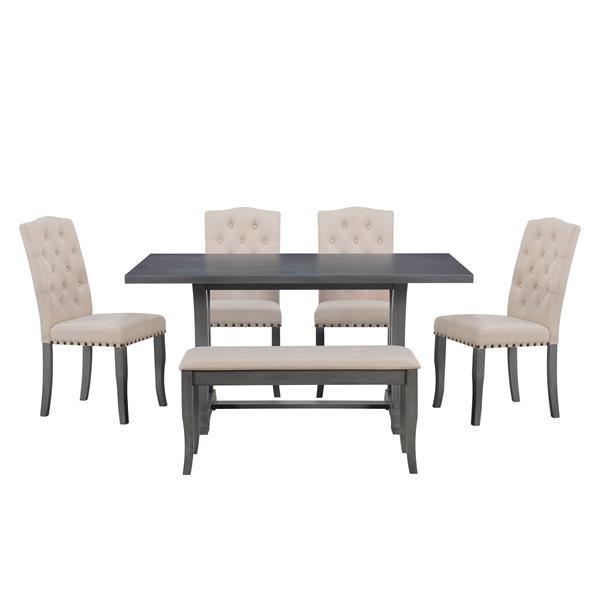 6-Piece Farmhouse Dining Table Set, Rectangular Trestle Table and 4 Upholstered Chairs & Bench for Dining Room (Antique Gray)