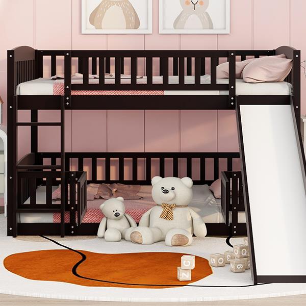 Bunk Bed with Slide,Full Over Full Low Bunk Bed with Fence and Ladder for Toddler Kids Teens Espresso