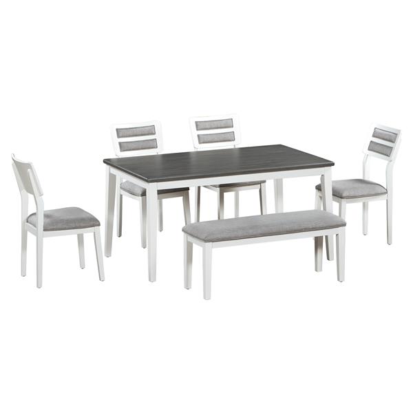 Classic and Traditional Style 6 - Piece Dining Set, Includes Dining Table, 4 Upholstered Chairs & Bench (White+Gray)