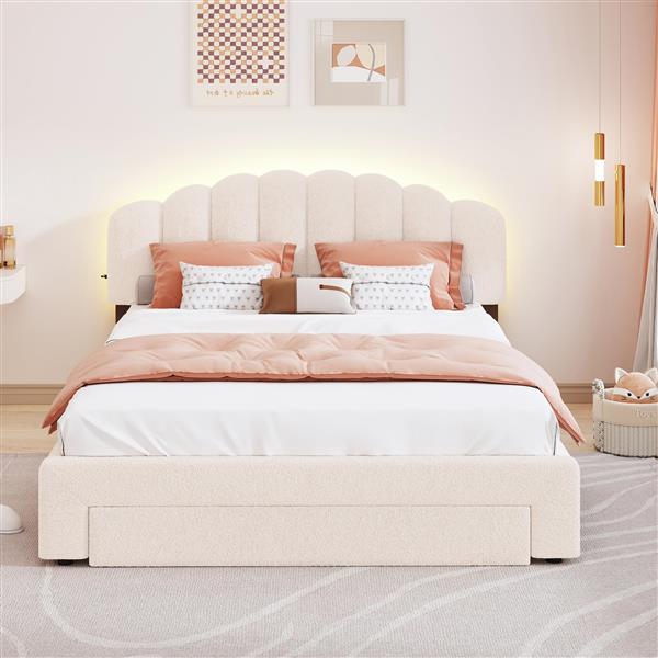 Teddy Fleece Queen Size Upholstered Platform Bed with Drawer, Beige