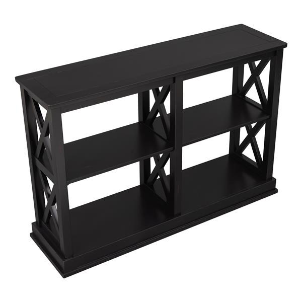 Console Table with 3-Tier Open Storage Spaces and "X" Legs, Narrow Sofa Entry Table for Living Room, Entryway and Hallway (Black)