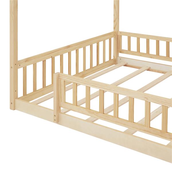 Full Size Wood Bed House Bed Frame with Fence, for Kids, Teens, Girls, Boys,Natural