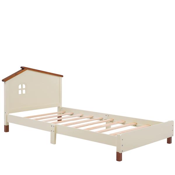 Twin Size Wood Platform Bed with House-shaped Headboard  (Cream+Walnut)