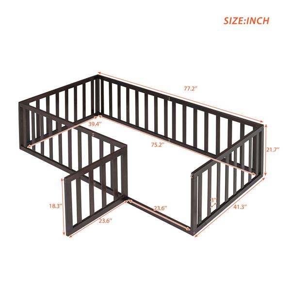 Twin Size Wood Floor Bed Frame with Fence and Door, Walnut(OLD SKU :WF289661AAL)