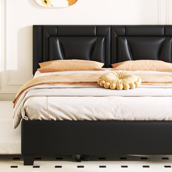 Queen Size Upholstered Platform Bed with Headboard and Twin Size Trundle, Black