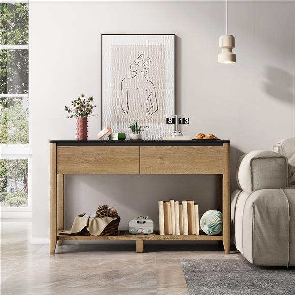 47 Inch Modern Farmhouse Double Drawers Console Table for Living Room or Entryway, Tobacco Wood and White Marble Texture