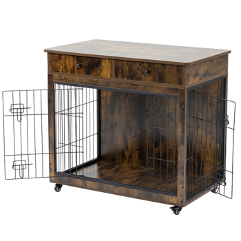 38.4\\" Wooden Dog Crate Furniture Decorative Pet Cage Dog Kennel with 2 Drawers