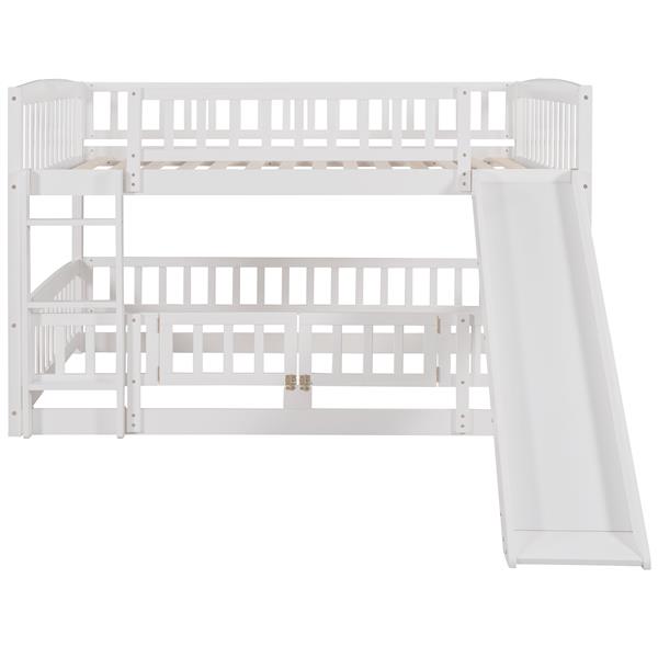 Bunk Bed with Slide,Full Over Full Low Bunk Bed with Fence and Ladder for Toddler Kids Teens White