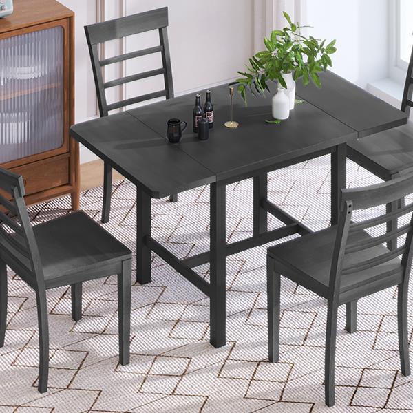 5-Piece Wood Square Drop Leaf Breakfast Nook Extendable Dining Table Set with 4 Ladder Back Chairs for Small Places, Gray