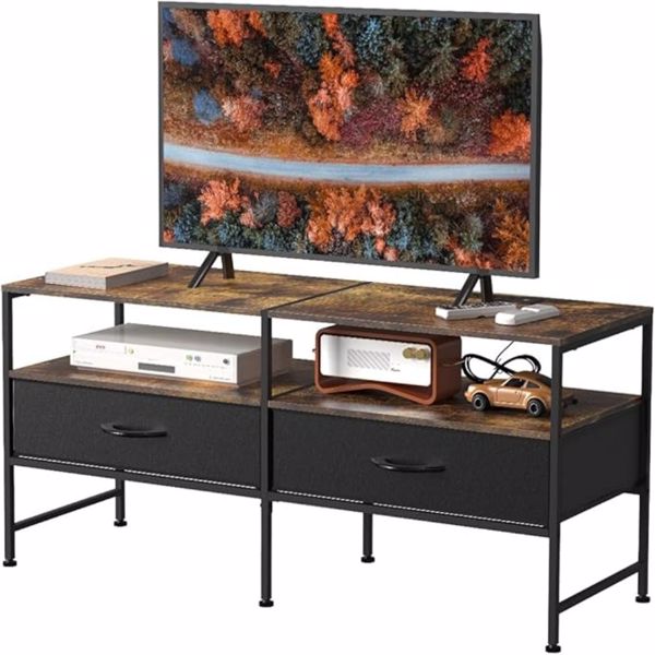  Industrial TV Stand for 50 Inch Television Cabinet 3-Tier Console Table with Fabric Drawer, Entertainment Center Media Console Metal Frame for Living Room, Bedroom, Rustic Brown