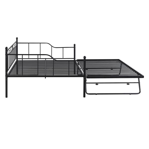 Full Size Metal Daybed with Twin Size Adjustable Trundle, Portable Folding Trundle, Black