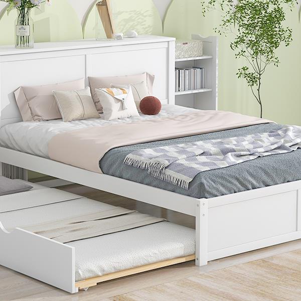 Queen Size Storage Platform Bed with Pull Out Shelves and Twin  XL Size Trundle, White