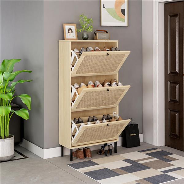 Natural  Rattan 3 Door Shoe Rack, Freestanding Modern Shoe Storage Cabinet, for Entryway