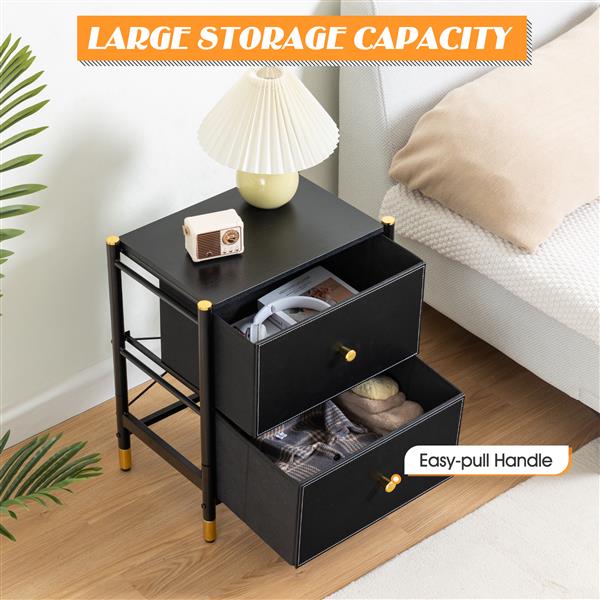 Drawer Dresser cabinet,2 Drawer Nightstands for Bedroom - Small Bedside Dresser with PU Leather Front Bins- Stylish End Table and Night Stand Furniture - Perfect for Closet, Bedroom,color:Black