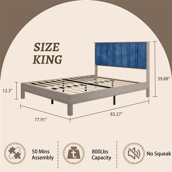 King Bed Frame, Wood with Wood Headboard Bed Frame with upholstered headboard /  Wood Foundation with Wood Slat Support / No Box Spring Needed / Easy Assembly