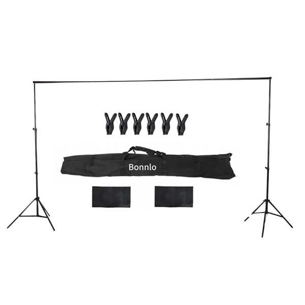 S-8 2 * 3m Foldable Background Stand with 6 Fish Mouth Clips and 2 Sandbag Iron Black Photography Stand