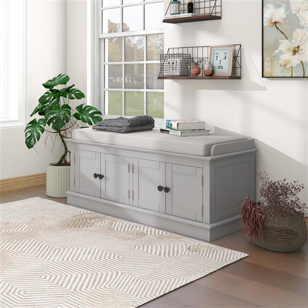 Storage Bench with 4 Doors and Adjustable Shelves, Shoe Bench with Removable Cushion for Living Room, Entryway (Gray Wash)