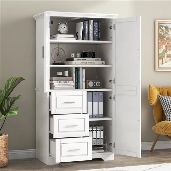 Tall and Wide Storage Cabinet with Doors for Bathroom/Office, Three Drawers, White