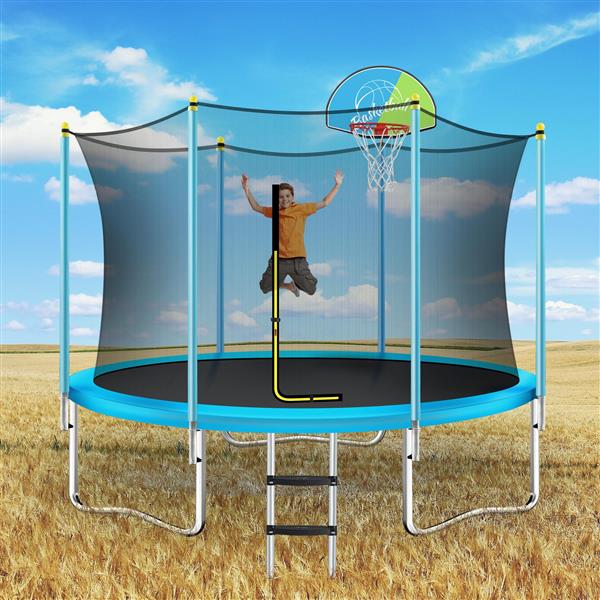 8FT Trampoline for Kids with Safety Enclosure Net, Basketball Hoop and Ladder, Easy Assembly Round Outdoor Recreational Trampoline