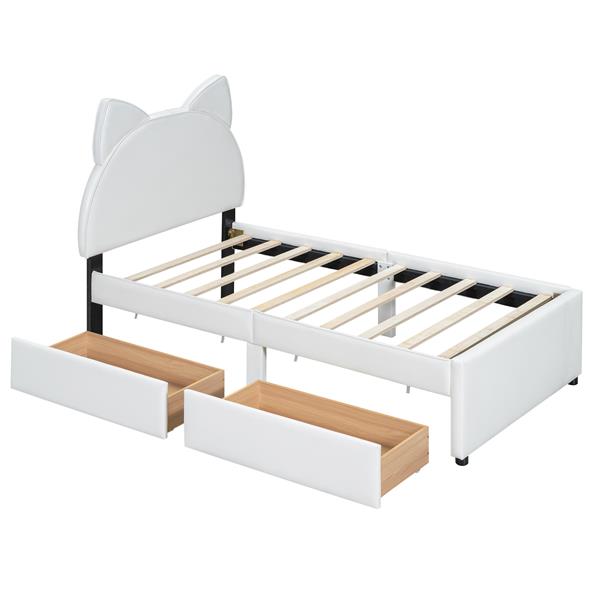 Twin Size Upholstered Platform Bed with Cartoon Ears Shaped Headboard and 2 Drawers, White