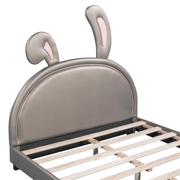 Full Size Upholstered Leather Platform Bed with Rabbit Ornament, Gray