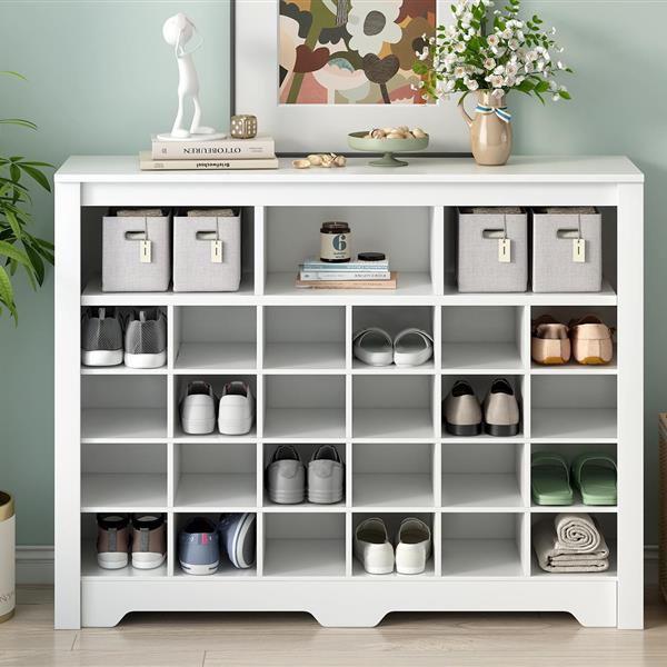 Sleek Design 24 Shoe Cubby Console, Modern Shoe Cabinet with Curved Base, Versatile Sideboard with High-quality for Hallway, Bedroom, Living Room, White