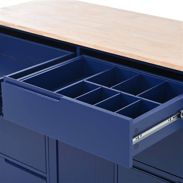 Kitchen Cart with Rubber Wood Countertop , Kitchen Island has 8 Handle-Free Drawers Including a Flatware Organizer and 5 Wheels for Kitchen Dinning Room, Dark Blue