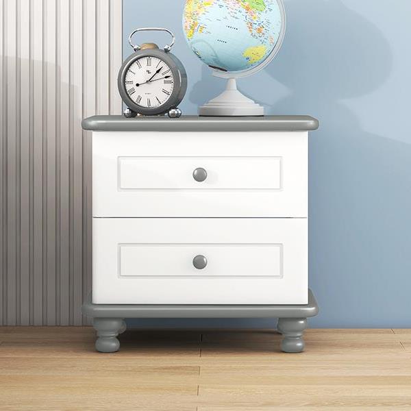 Wooden Nightstand with Two Drawers for Kids,End Table for Bedroom,White+Gray